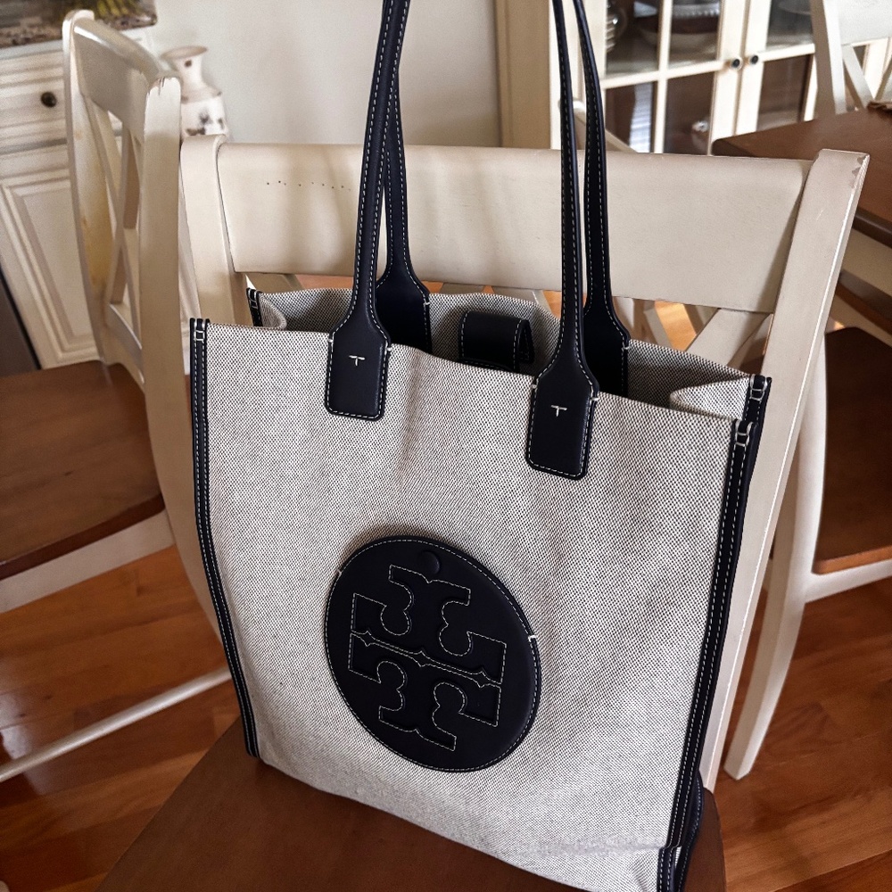 Tory Burch navy and Cream Tote Bag